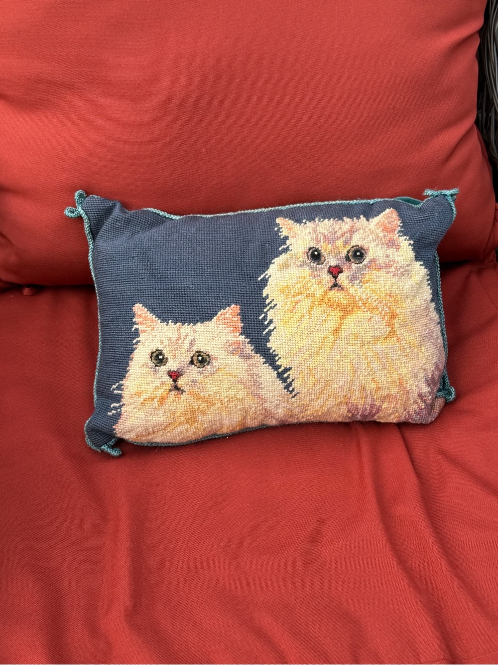 Vintage Needlepoint Cat Throw Pillow in Blue and Cream